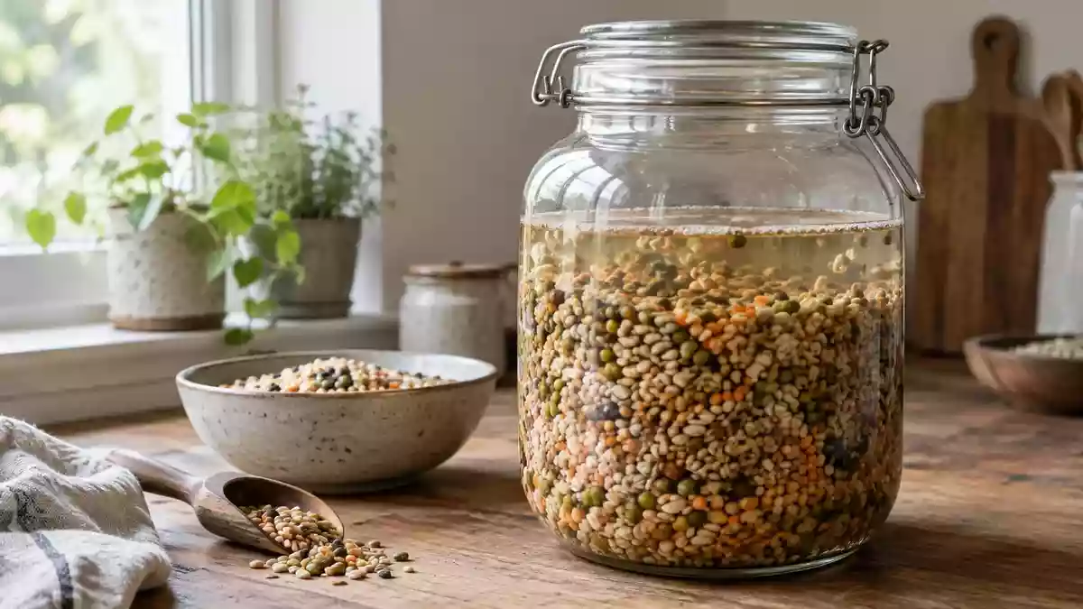 Ein Glas mit eingeweichten Hülsenfrüchten und Getreide zur Fermentation in einer hellen Küche. Illustration mit AI erstellt.