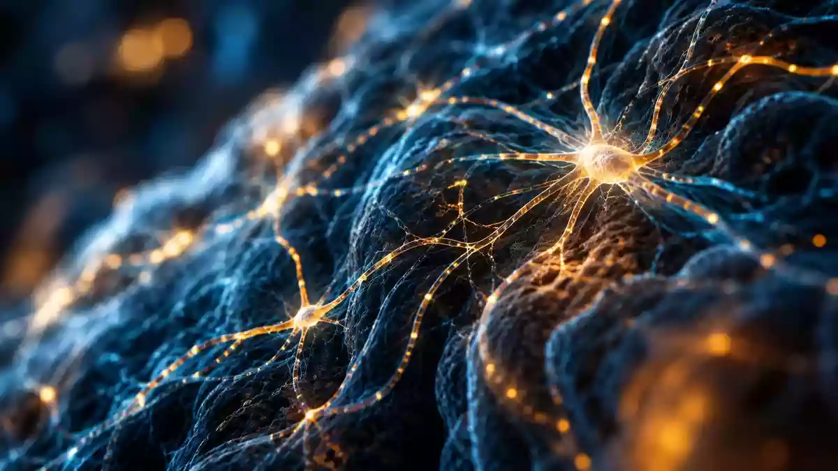 Abstrakte Darstellung neuronaler Strukturen mit leuchtenden Lichtpunkten auf dunklem, organischem Hintergrund. Illustration mit AI erstellt.