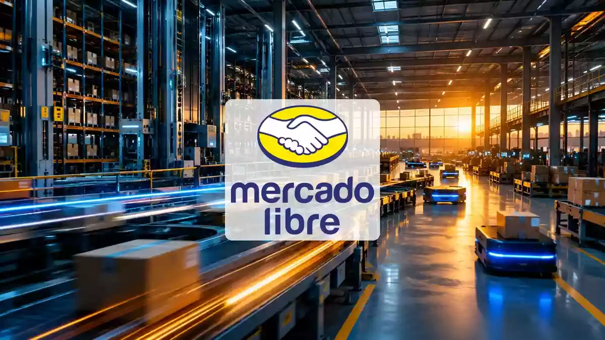 Modernes, automatisiertes Logistikzentrum mit Lichtspuren in einer industriellen Lagerhalle. Illustration mit AI erstellt.