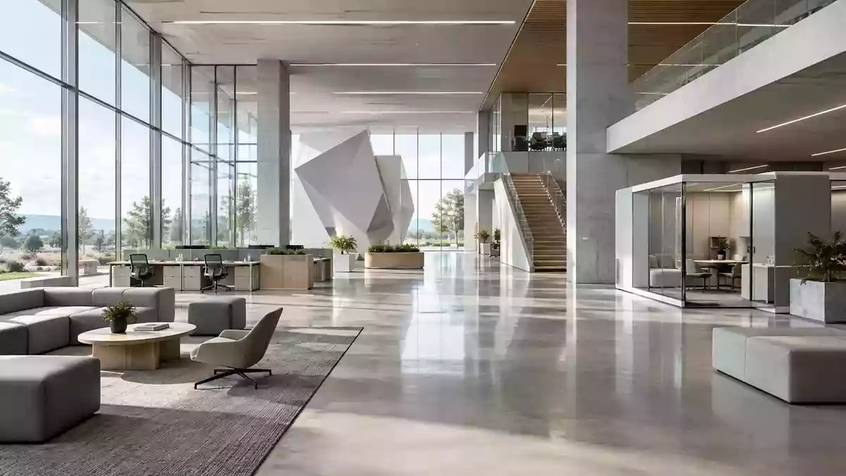 Modernes, lichtdurchflutetes Bürogebäude mit minimalistischer Architektur und klaren Linien. Illustration mit AI erstellt.