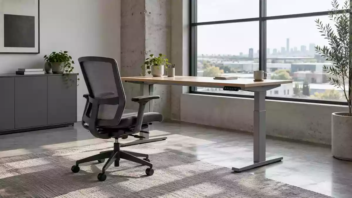 Ein leerer, ergonomischer Arbeitsplatz mit einem höhenverstellbaren Schreibtisch in einem hellen Büro. Illustration mit AI erstellt.
