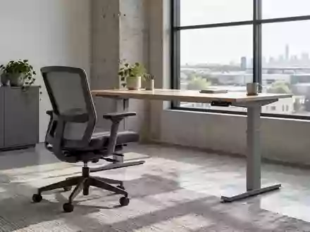 Ein leerer, ergonomischer Arbeitsplatz mit einem höhenverstellbaren Schreibtisch in einem hellen Büro. - Foto: über boerse-global.de