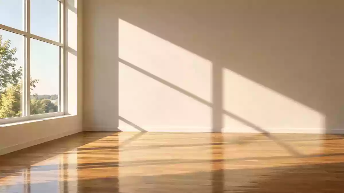 Heller, sonnendurchfluteter Raum mit klaren architektonischen Linien und sanftem Schattenwurf an einer leeren Wand. Illustration mit AI erstellt.