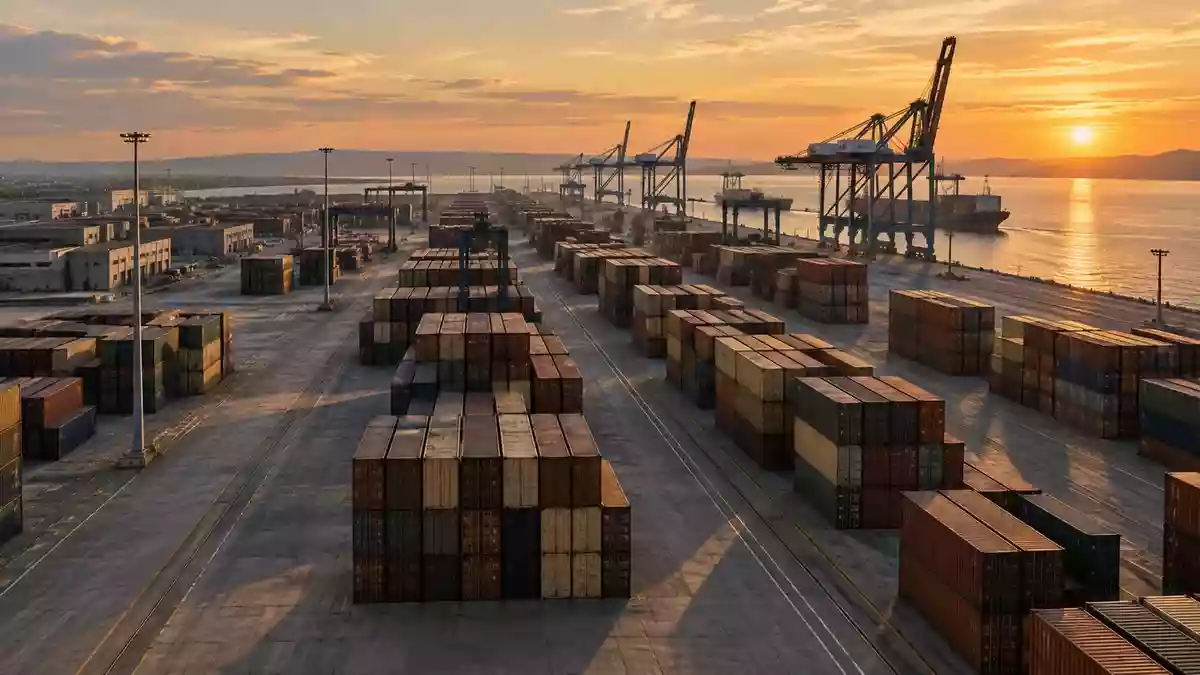 Modernes Logistikzentrum mit gestapelten Containern in der Abenddämmerung. Illustration mit AI erstellt.