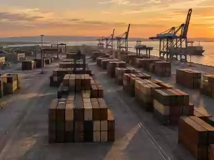 Modernes Logistikzentrum mit gestapelten Containern in der Abenddämmerung. - Foto: über boerse-global.de