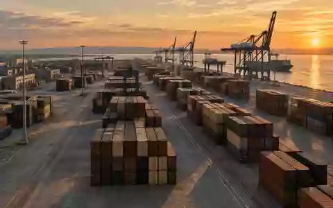 Modernes Logistikzentrum mit gestapelten Containern in der Abenddämmerung. - Foto: über boerse-global.de
