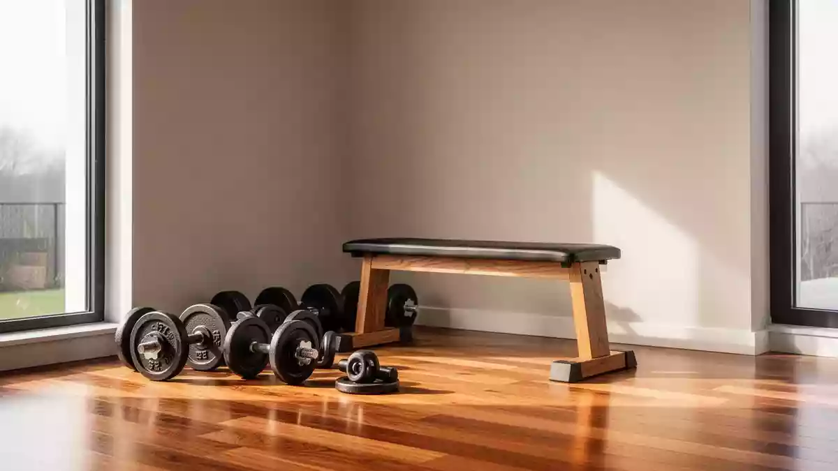 Ein minimalistischer Fitnessbereich in einem hellen Raum mit Kurzhanteln und einer Trainingsbank auf einem Holzboden. Illustration mit AI erstellt.