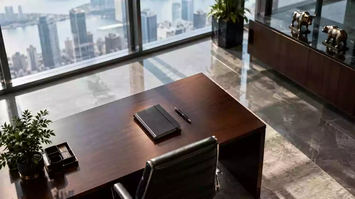 Ein minimalistischer, moderner Schreibtisch in einem Finanzbüro mit weichem Tageslicht und professioneller Atmosphäre. Illustration mit AI erstellt.