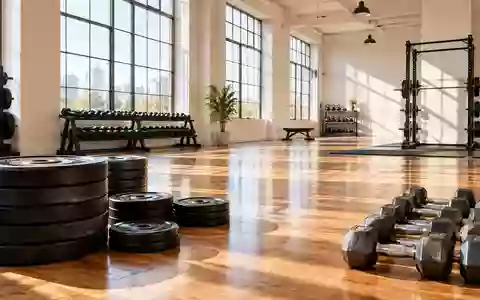 Helle, minimalistische Trainingsfläche mit freien Gewichten und Hanteln auf einem Holzboden in natürlichem Licht. - Foto: über boerse-global.de