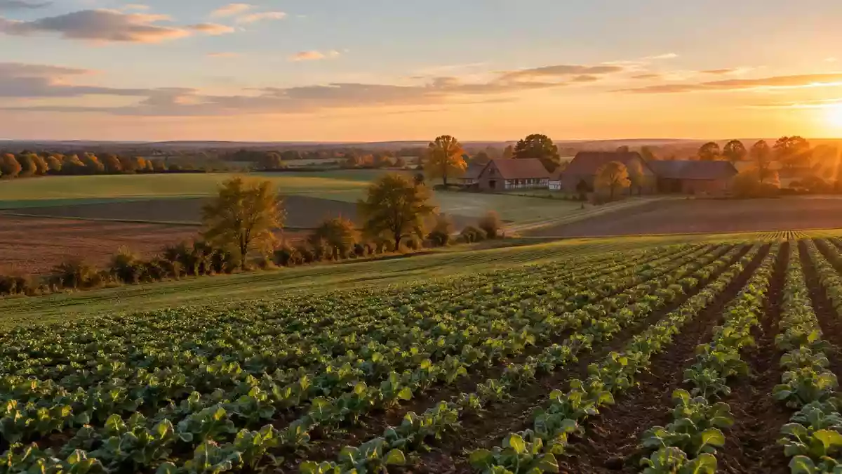 Weite Ackerlandschaft in Niedersachsen bei Sonnenuntergang mit landwirtschaftlichen Gebäuden im Hintergrund. Illustration mit AI erstellt.