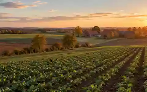 Weite Ackerlandschaft in Niedersachsen bei Sonnenuntergang mit landwirtschaftlichen Gebäuden im Hintergrund. - Foto: über boerse-global.de