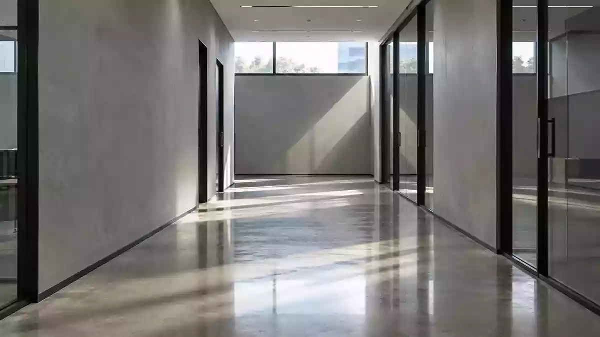 Ein leerer, modern gestalteter Büroflur mit polierten Betonböden und natürlichem Lichteinfall. Illustration mit AI erstellt.