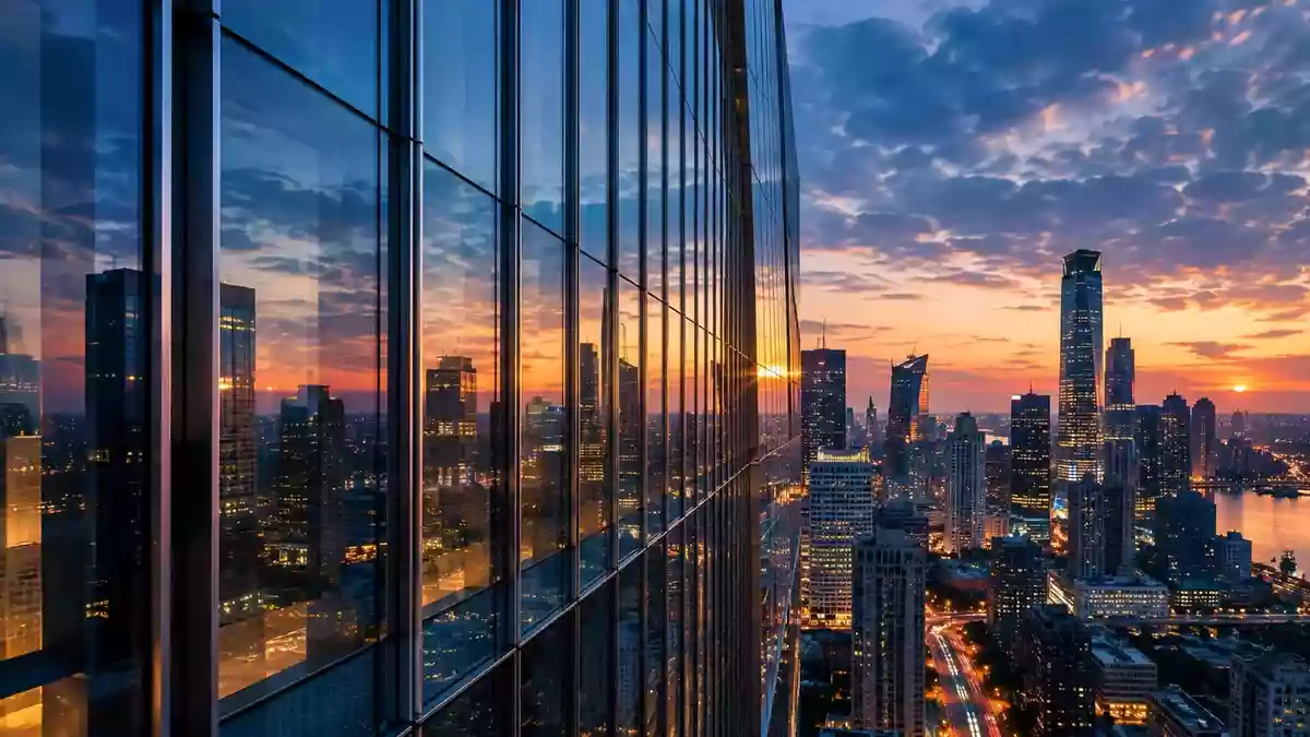 Moderne Glas- und Stahlfassade eines Hochhauses in einer chinesischen Metropole bei Dämmerung. Illustration mit AI erstellt.