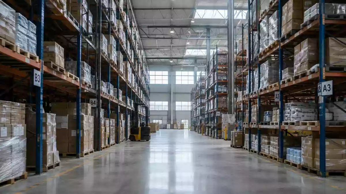 Innenansicht eines großen Logistikzentrums mit hohen Regalsystemen und Betonboden in einer Industriehalle. Illustration mit AI erstellt.