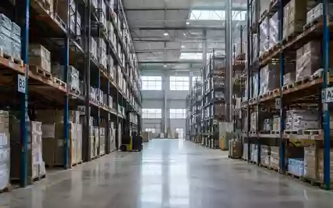Innenansicht eines großen Logistikzentrums mit hohen Regalsystemen und Betonboden in einer Industriehalle. - Foto: über boerse-global.de