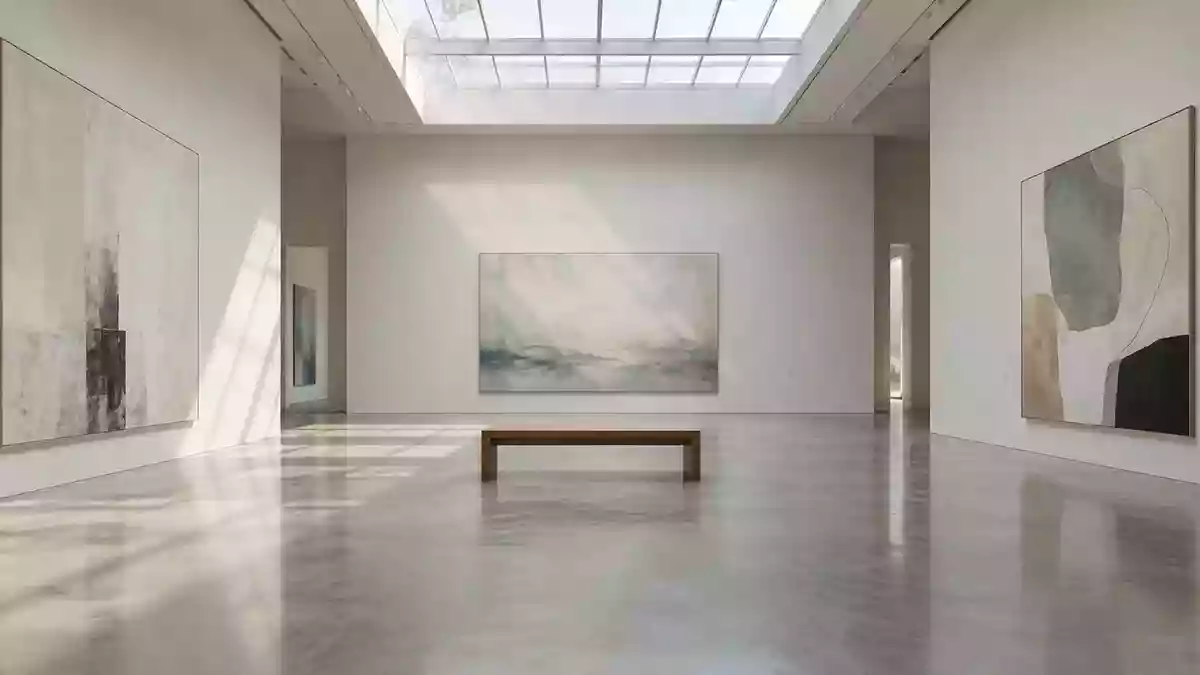 Ein minimalistischer, lichtdurchfluteter Ausstellungsraum in einer Kunstgalerie mit einer Holzbank und abstrakter Kunst. Illustration mit AI erstellt.