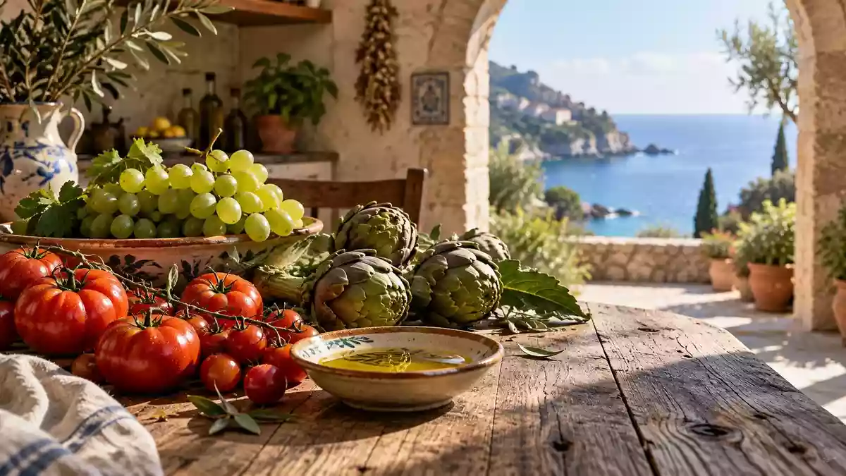Frische mediterrane Lebensmittel wie Tomaten, Trauben und Olivenöl auf einem Holztisch vor einer sonnigen Küstenkulisse. Illustration mit AI erstellt.