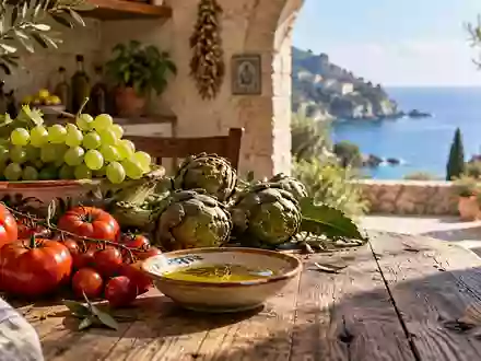 Frische mediterrane Lebensmittel wie Tomaten, Trauben und Olivenöl auf einem Holztisch vor einer sonnigen Küstenkulisse. - Foto: über boerse-global.de