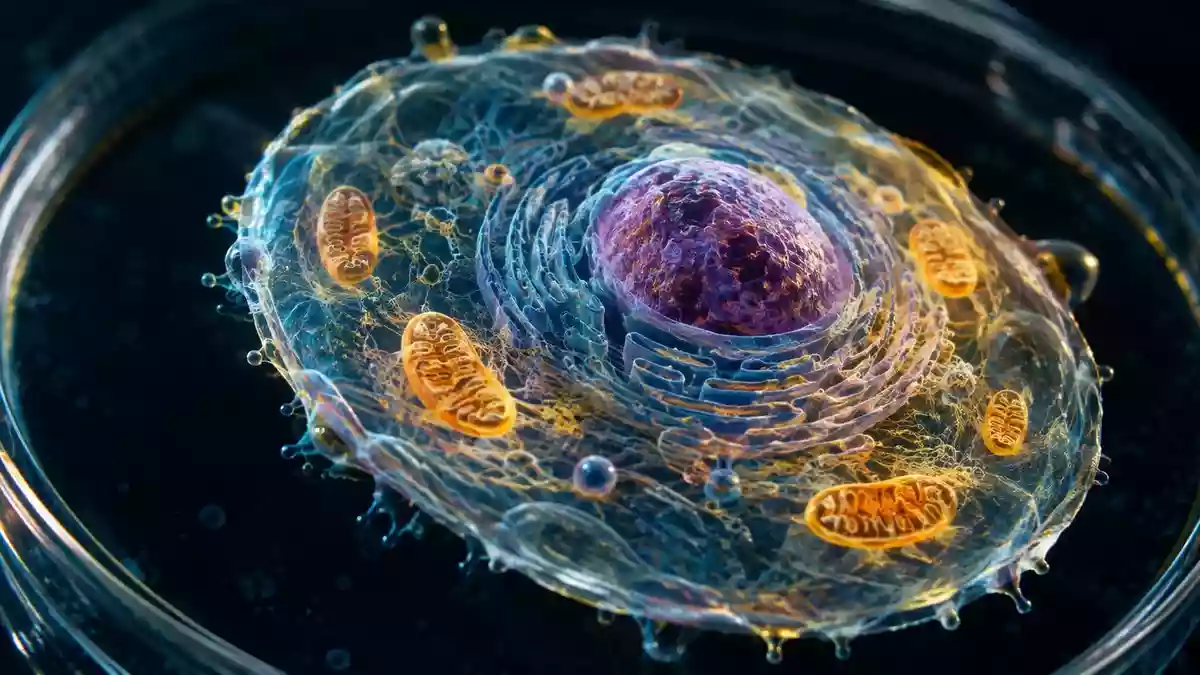 Nahaufnahme einer biologischen Zellstruktur unter einem Mikroskop zur Veranschaulichung zellulärer Entzündungsprozesse. Illustration mit AI erstellt.