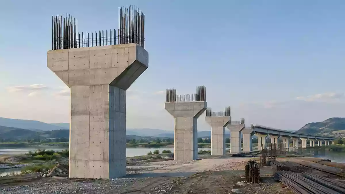 Eine moderne Betonbrückenbaustelle in einer ruhigen Landschaft bei Tageslicht. Illustration mit AI erstellt.