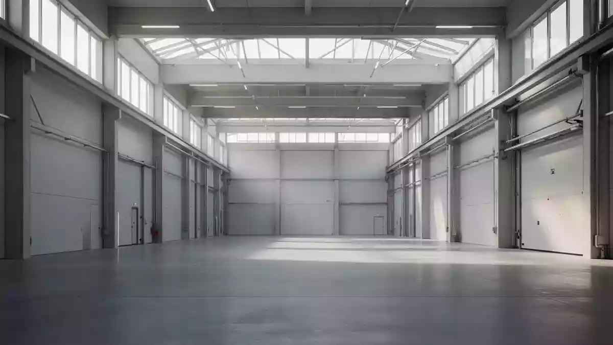 Eine moderne, minimalistische Industriehalle mit weiten Betonböden und einfallendem Tageslicht als Symbol für technologischen Wandel. Illustration mit AI erstellt.