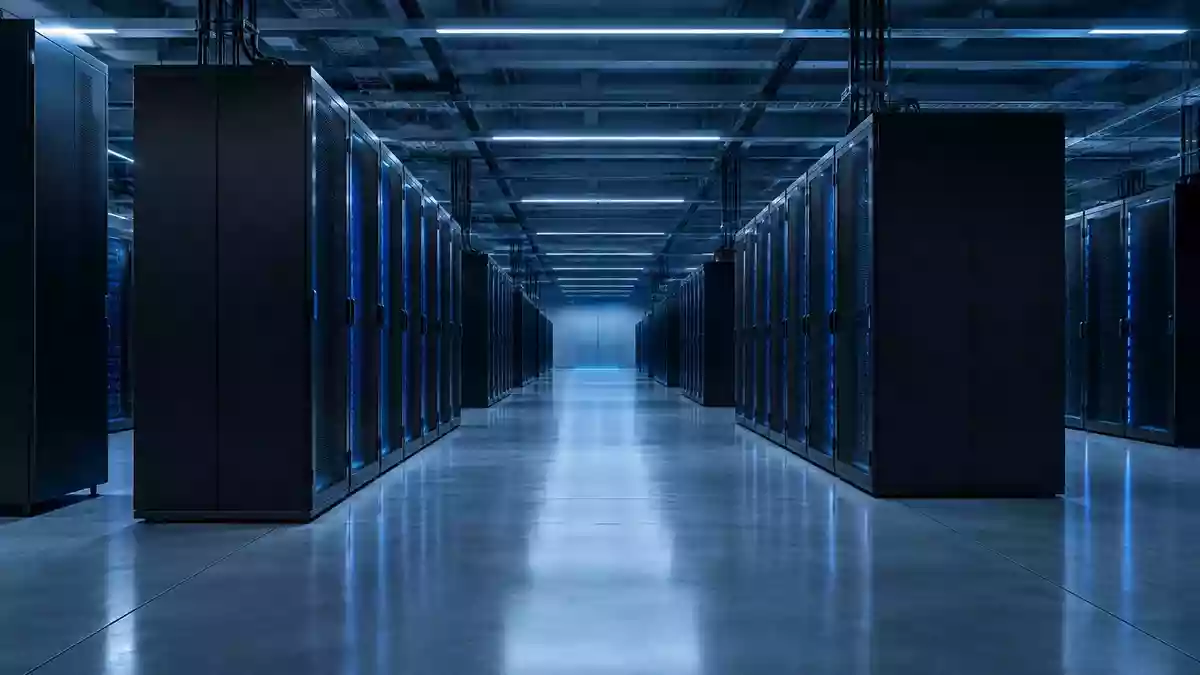 Moderne, minimalistische Server-Infrastruktur in einem industriellen Rechenzentrum mit blauer Beleuchtung. Illustration mit AI erstellt.
