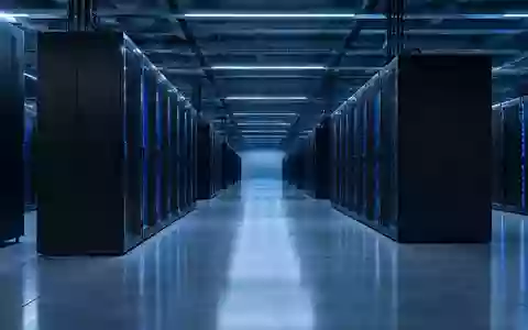 Moderne, minimalistische Server-Infrastruktur in einem industriellen Rechenzentrum mit blauer Beleuchtung. - Foto: über boerse-global.de
