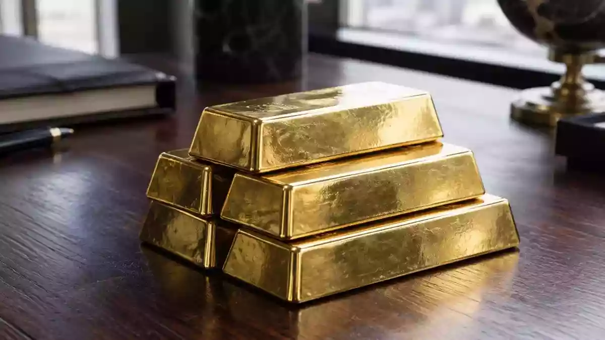 Ein Stapel Goldbarren auf einem dunklen Holztisch bei natürlichem Lichteinfall. Illustration mit AI erstellt.