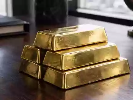 Ein Stapel Goldbarren auf einem dunklen Holztisch bei natürlichem Lichteinfall. - Foto: über boerse-global.de