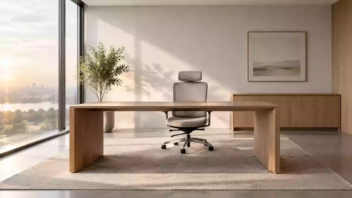 Ein leerer, modern gestalteter Büroarbeitsplatz mit einem Schreibtisch und einem ergonomischen Stuhl bei natürlichem Licht. Illustration mit AI erstellt.