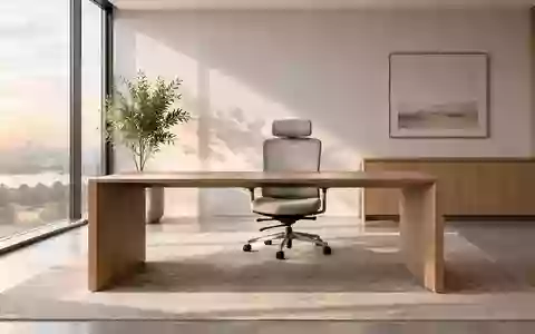 Ein leerer, modern gestalteter Büroarbeitsplatz mit einem Schreibtisch und einem ergonomischen Stuhl bei natürlichem Licht. - Foto: über boerse-global.de