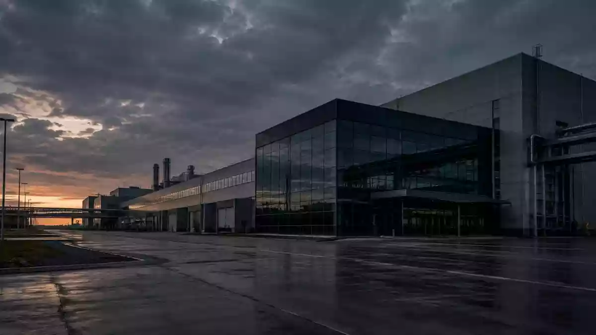 Ein großes, stilles Industriegelände eines Automobilwerks in der Dämmerung mit imposanter Architektur unter bewölktem Himmel. Illustration mit AI erstellt.