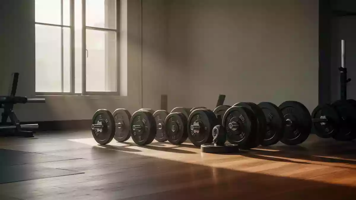 Leeres, minimalistisches Fitnessstudio mit ordentlich gestapelten Hantelscheiben auf einem Holzboden in natürlichem Licht. Illustration mit AI erstellt.