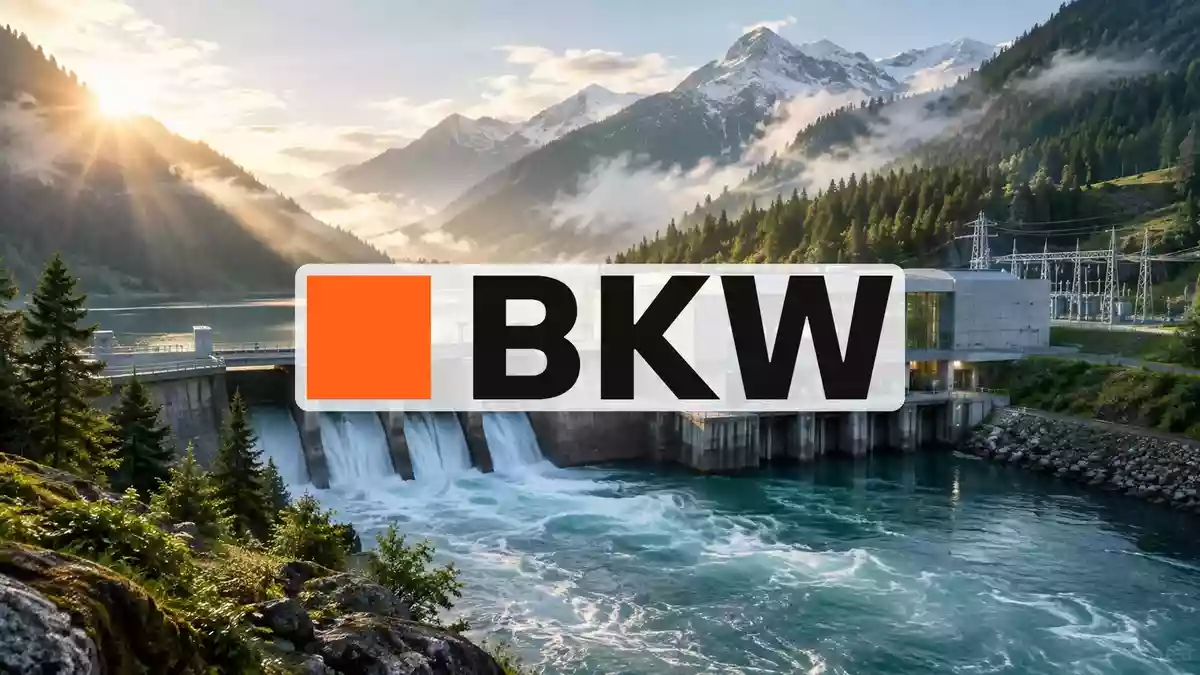 Modernes Wasserkraftwerk in einer alpinen Gebirgslandschaft bei Sonnenaufgang. Illustration mit AI erstellt.