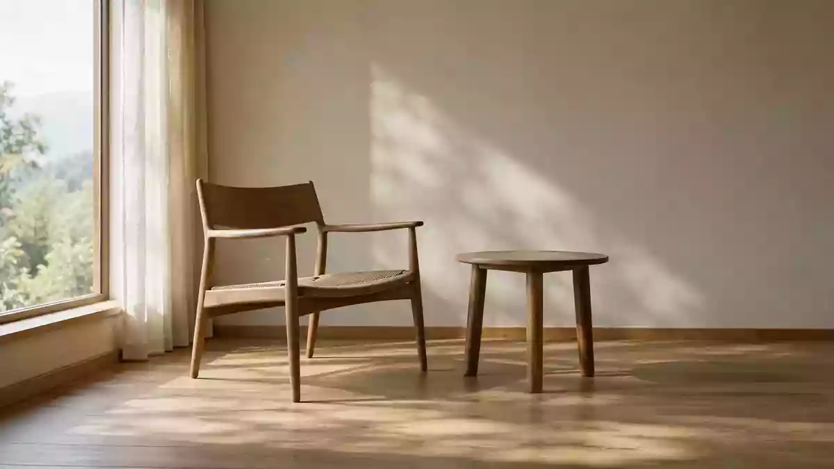 Ein ruhiger, minimalistischer Raum mit einem Stuhl an einem Tisch, der für eine entspannte Ruhephase ausgelegt ist. Illustration mit AI erstellt.