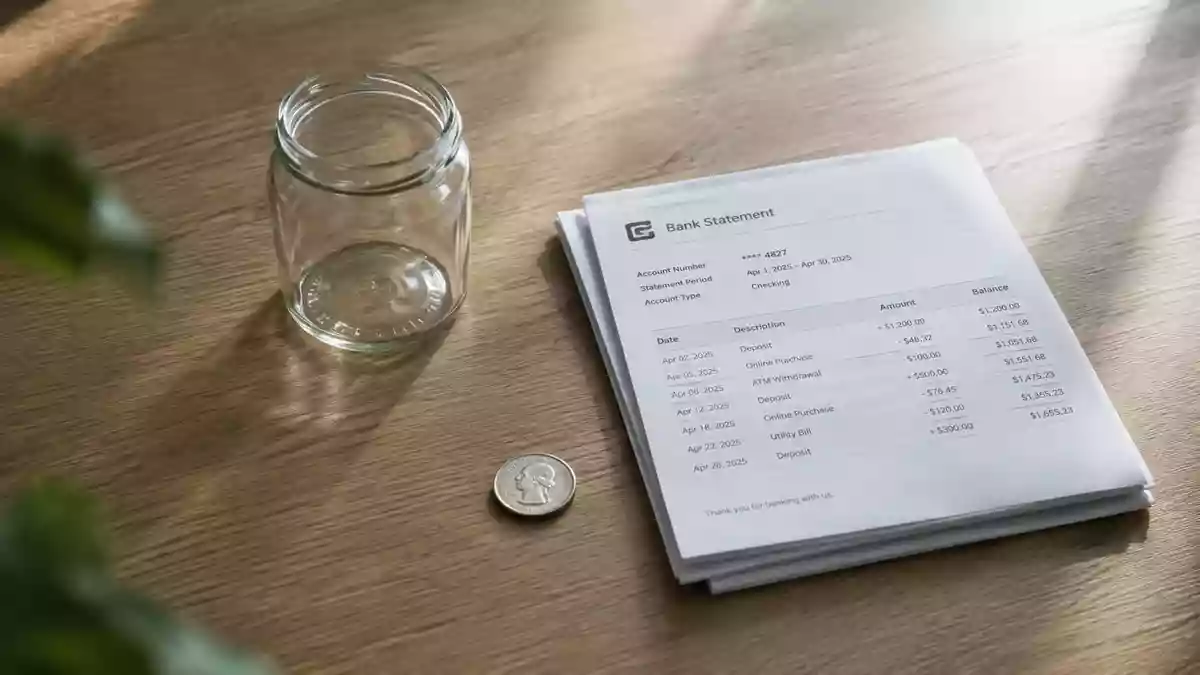 Ein leeres Glasgefäß steht neben gefalteten Finanzunterlagen und einer einzelnen Münze auf einem Holztisch. Illustration mit AI erstellt.