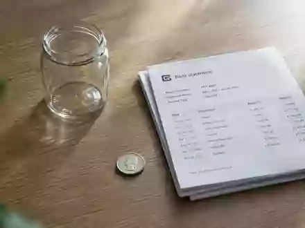 Ein leeres Glasgefäß steht neben gefalteten Finanzunterlagen und einer einzelnen Münze auf einem Holztisch. - Foto: über boerse-global.de
