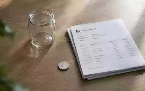 Ein leeres Glasgefäß steht neben gefalteten Finanzunterlagen und einer einzelnen Münze auf einem Holztisch. - Foto: über boerse-global.de