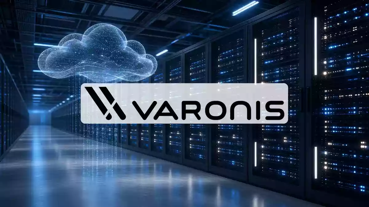 Abstrakte Darstellung eines modernen Rechenzentrums mit blau beleuchteten Serverracks als Symbol für Cybersicherheit. Illustration mit AI erstellt.