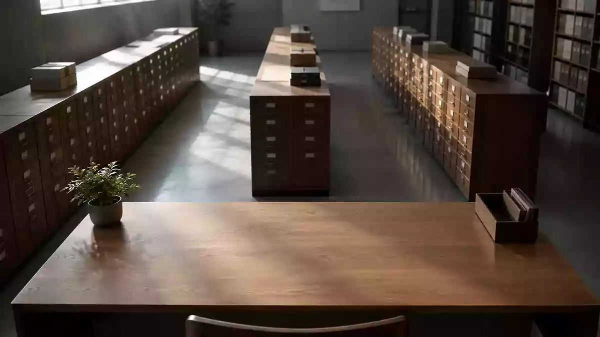 Ein aufgeräumter Arbeitsplatz mit einem leeren Schreibtisch vor einem Archivraum mit Archivschränken. Illustration mit AI erstellt.