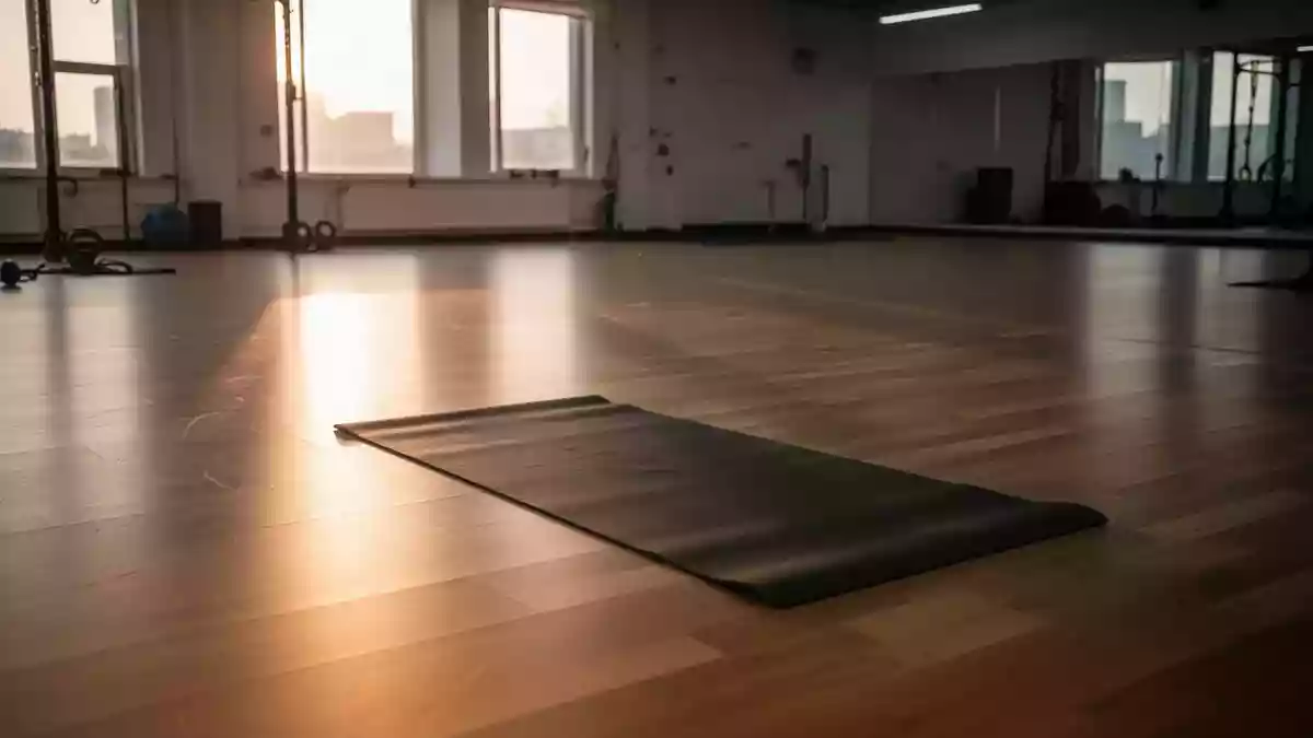 Ein minimalistisch gestalteter Trainingsraum mit einer Yogamatte auf einem Holzboden im sanften Morgenlicht. Illustration mit AI erstellt.