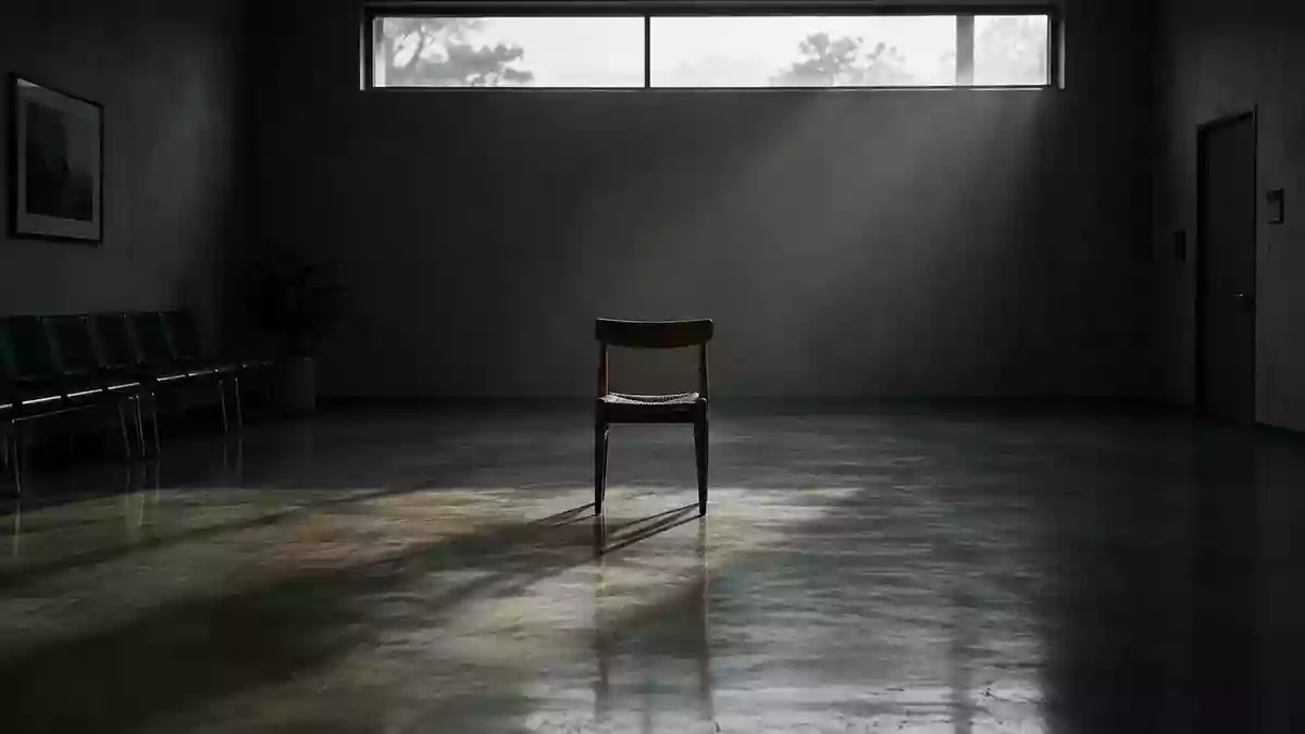 Ein leerer, minimalistischer Wartebereich mit einem einzelnen Holzstuhl in einem Raum mit gedämpftem Licht und langen Schatten. Illustration mit AI erstellt.