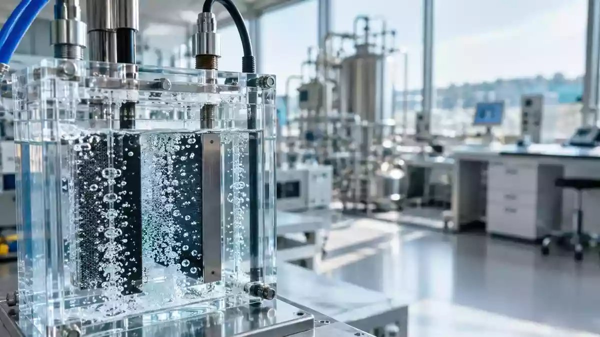 Nahaufnahme einer elektrolytischen Zelle in einem modernen Wasserstoff-Forschungslabor. Illustration mit AI erstellt.