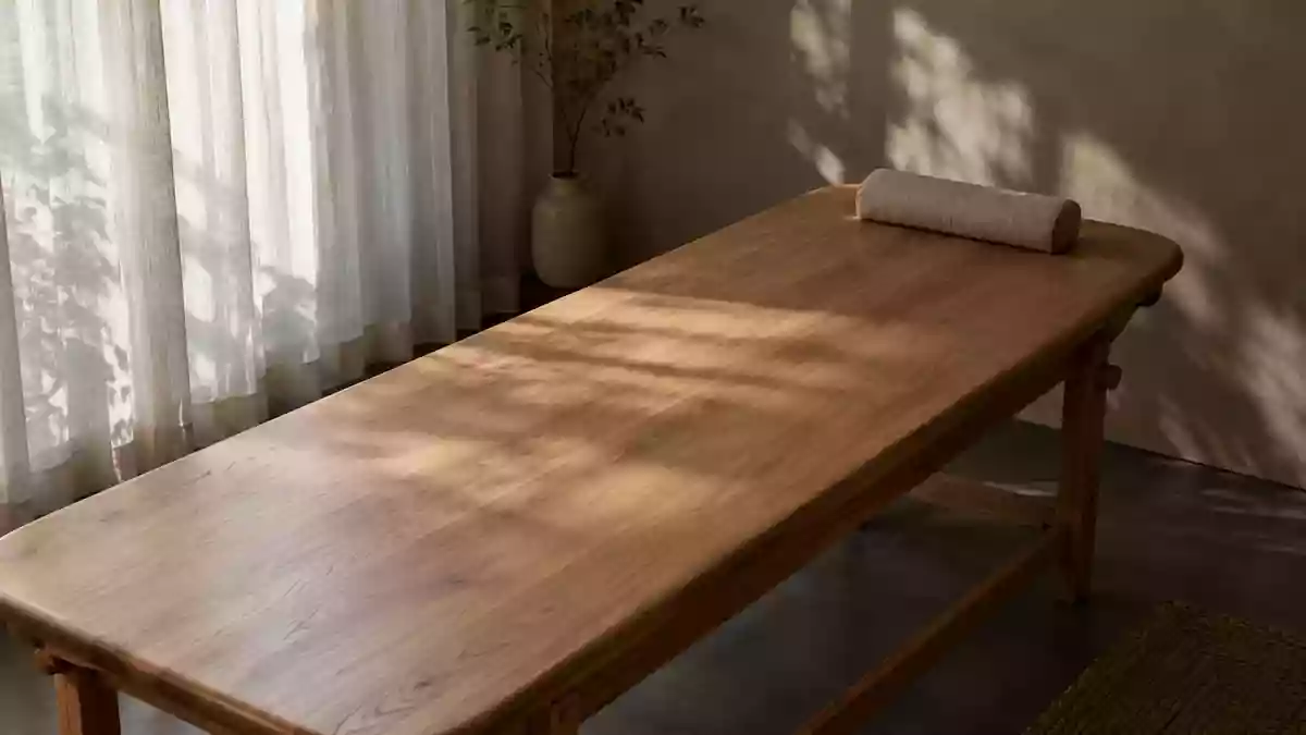 Minimalistischer Behandlungsraum mit einer hölzernen Liege in ruhigem, natürlichem Licht. Illustration mit AI erstellt.