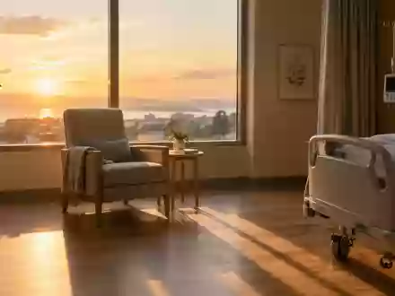 Ein ruhiges, minimalistisches Krankenzimmer mit einem bequemen Sessel bei sanftem Sonnenlichteinfall. - Foto: über boerse-global.de