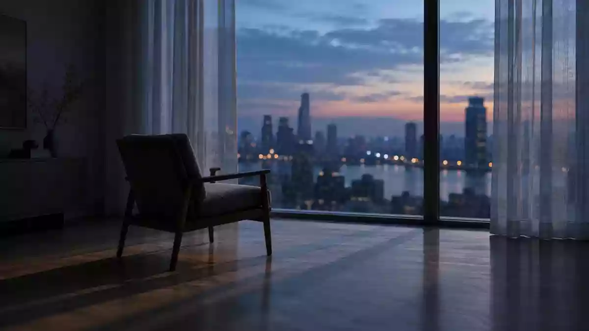 Ein leerer Stuhl in einem minimalistisch eingerichteten Raum vor einem Fenster mit Blick auf eine Stadt bei Dämmerung. Illustration mit AI erstellt.