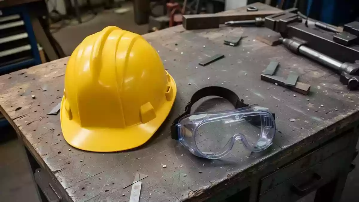 Symbolbild: Schutzhelm und Schutzbrille auf einer Werkbank Illustration mit AI erstellt.