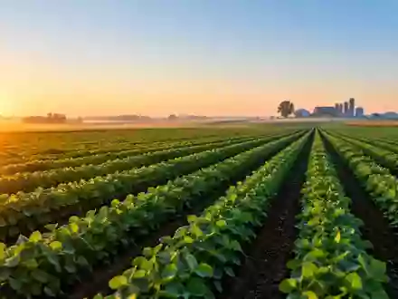 Ein weites, morgendliches Agrarfeld mit ordentlichen Pflanzenreihen und im Hintergrund schemenhaft erkennbaren landwirtschaftlichen Gebäuden. - Foto: über boerse-global.de