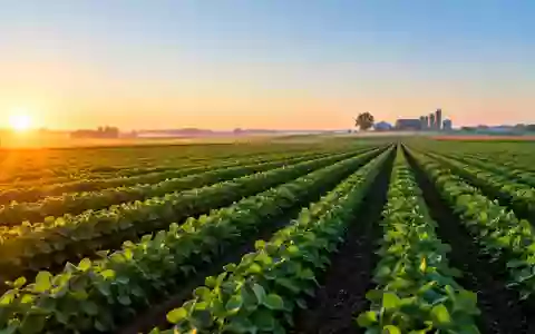 Ein weites, morgendliches Agrarfeld mit ordentlichen Pflanzenreihen und im Hintergrund schemenhaft erkennbaren landwirtschaftlichen Gebäuden. - Foto: über boerse-global.de