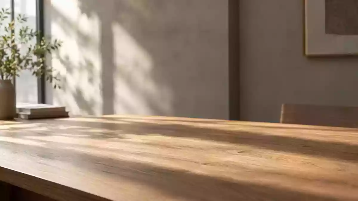 Ein minimalistischer, moderner Arbeitsplatz mit einer hölzernen Schreibtischoberfläche und weichem, natürlichem Licht. Illustration mit AI erstellt.